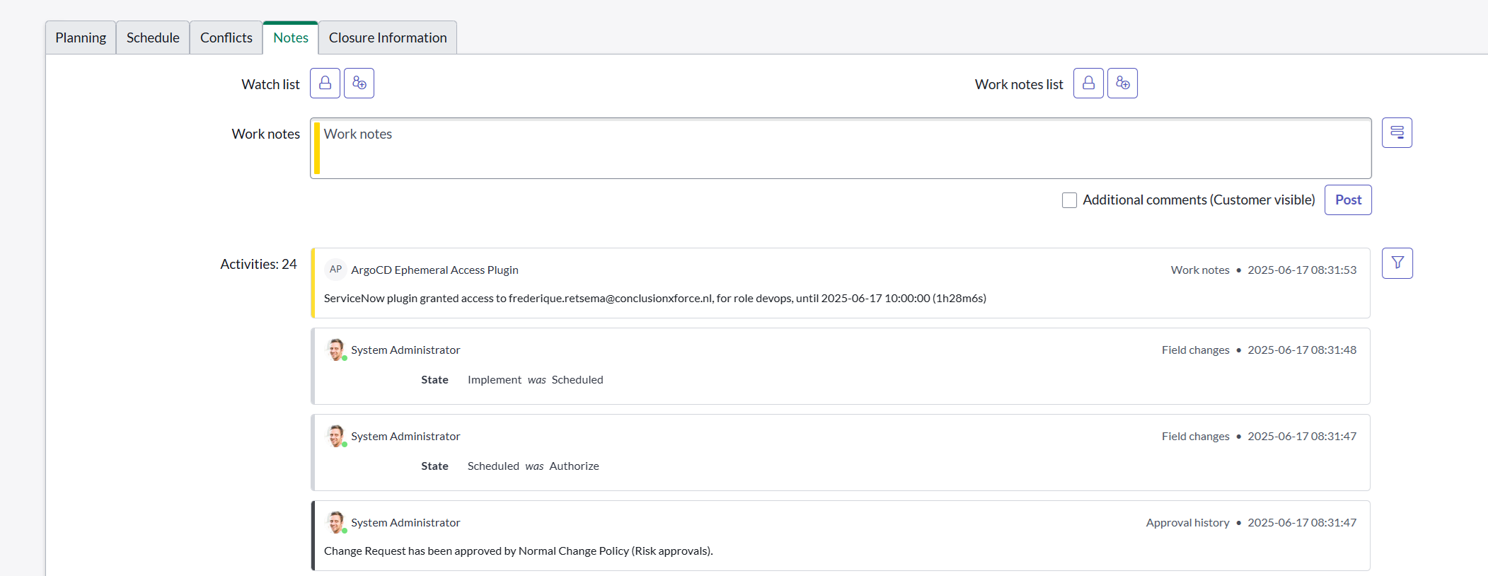 ServiceNow change notes